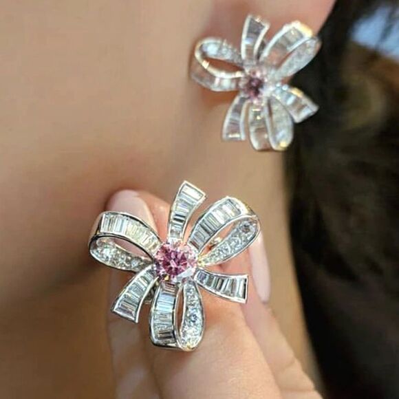 🌸Luxurious Pink Sapphire and Diamond Baguette Cherry Blossom Stud Earrin… - Picture 2 of 16